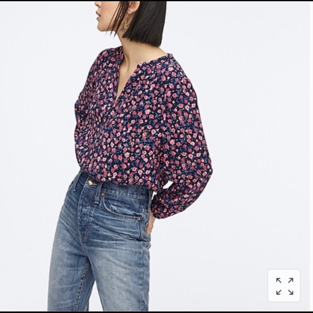 J.Crew Dotted Floral Crepe Blouse Popover V-Neck